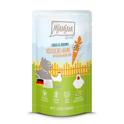 Mjamjam Saftiges Huhn an leckeren Möhrchen mit Katzenminze, 12x125g. Beste Qualität aus Deutschland, getreidefrei, ohne Zuckerzusatz, artgerechte Tierhaltung.