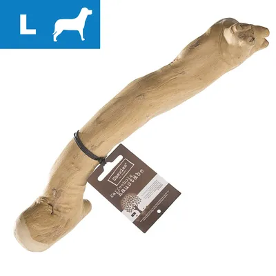 Large size chew stick with product label attached, suitable for pets as indicated by silhouette and 'L' symbol in top left corner. Large size chew stick with product label attached, suitable for pets as indicated by silhouette and 'L' symbol in top left corner.