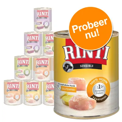 RINTI Sensible hondenvoer blik, 100% Huhn, met aardappel, glutenvrij, 1% dierlijk eiwit. Oranje cirkel met tekst: Probeer nu! Meerdere varianten zichtbaar op de achtergrond.