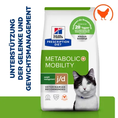Hill's Prescription Diet Metabolic + Mobility j/d Katzenfutter, unterstützt Gelenke und Gewichtsmanagement, verbessert Beweglichkeit in 28 Tagen, mit Huhn, tierärztlich empfohlen.