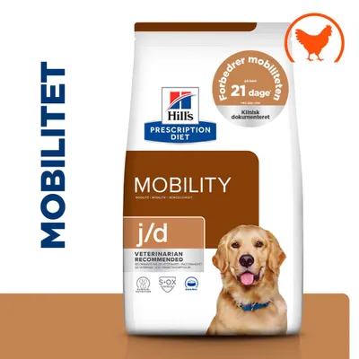 Hill's Prescription Diet Mobility j/d, klinisk dokumenteret, forbedrer mobiliteten på 21 dage, anbefalet af dyrlæger, kyllingesymbol, billede af en hund på emballagen. Hill's Prescription Diet Mobility j/d, klinisk dokumenteret, forbedrer mobiliteten på 21 dage, anbefalet af dyrlæger, kyllingesymbol, billede af en hund på emballagen.