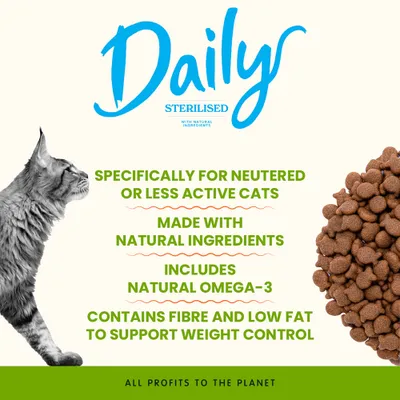 Daily Sterilised Cat Food. For neutered or less active cats, made from natural ingredients, contains omega-3, fibre, and low fat for weight control. All profits for the planet. Daily Sterilised Cat Food. For neutered or less active cats, made from natural ingredients, contains omega-3, fibre, and low fat for weight control. All profits for the planet.