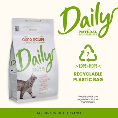 almo nature Daily természetes összetevőkkel, tonhallal és lazaccal. Újrahasznosítható műanyag tasak LDPE+HDPE, kérjük, ellenőrizze a helyi előírásokat. Minden nyereség a bolygót szolgálja.
