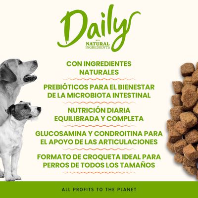 Daily con ingredientes naturales, alimentación diaria equilibrada, prebióticos para la salud intestinal, glucosamina y condroitina para las articulaciones, forma de croquetas para perros de todos los tamaños.