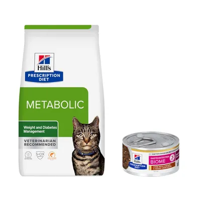 8 kg Hill's Prescription Diet + 8 x 85 g / 12 x 85 g passendes Nassfutter gratis!  - Metabolic Gewichts- & Diabetesmanagement mit Lachs + 8 x 82 g Ragout mit Huhn