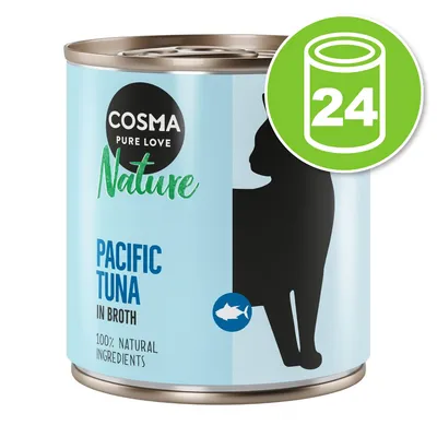 Cosma Nature Pacific Tuna in Broth, 100% natural ingredients, boîte pour chat. Lot de 24 boîtes indiqué dans un cercle vert avec le chiffre 24. Cosma Nature Pacific Tuna in Broth, 100% natural ingredients, boîte pour chat. Lot de 24 boîtes indiqué dans un cercle vert avec le chiffre 24.