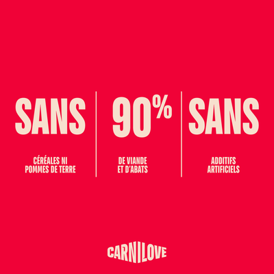 Carnilove : sans céréales ni pommes de terre, 90 % de viande et d’abats, sans additifs artificiels.