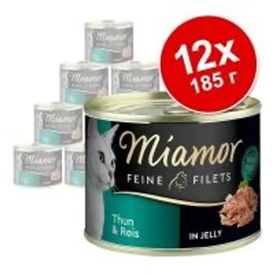 Комплект 12 консерви Miamor Feine Filets Thun & Reis in Jelly за котки, всяка по 185 г. Видими са опаковките и надписът на продукта. Комплект 12 консерви Miamor Feine Filets Thun & Reis in Jelly за котки, всяка по 185 г. Видими са опаковките и надписът на продукта.