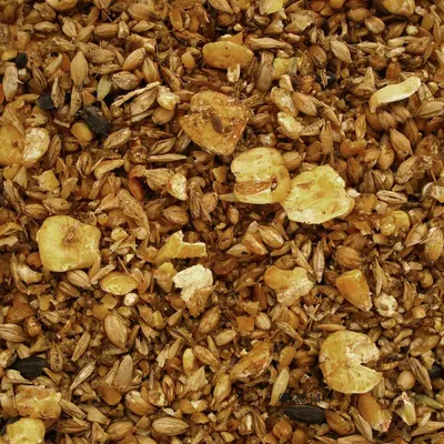 Close-up van gemengd graanvoer met haver, maïsvlokken en granen.