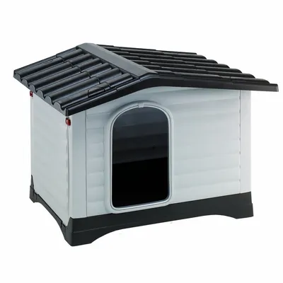 Plastic outdoor pet house with a black roof and arched doorway, shown empty to display entrance size and structure.