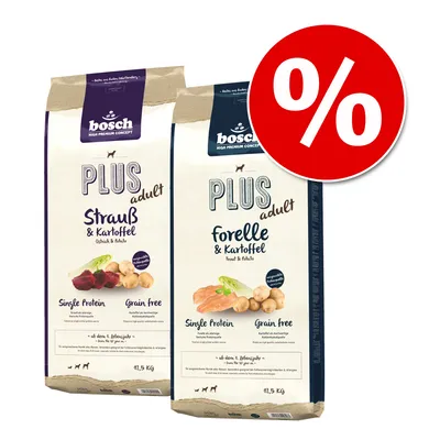 Bosch Plus Adult hrana za pse, vrste noj & krompir in postrv & krompir, eno beljakovinsko, brez žit, 12,5 kg. Rdeč odstotni znak za akcijo.