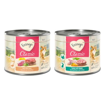 Lot de 12 boîtes Feringa Classic Meat pour chat adulte, Rabbit & Turkey with sea buckthorn & catnip, 200 g chacune. Texte visible : HOMEMADE TASTE BEGINS WITH LOVE.