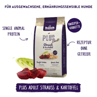 bosch PLUS adult Strauß & Kartoffel, Single Animal Protein, Rezeptur ohne Getreide, Knusperkrokette, für ausgewachsene, ernährungssensible Hunde. bosch PLUS adult Strauß & Kartoffel, Single Animal Protein, Rezeptur ohne Getreide, Knusperkrokette, für ausgewachsene, ernährungssensible Hunde.