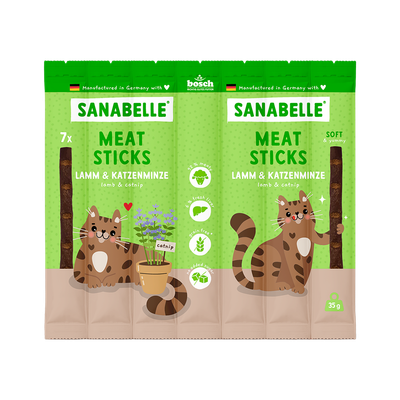 Sanabelle Meat Sticks jagnjetina & mačja meta, 7 kosov, 95 % mesa, sveža zelišča, brez žit, brez dodanega sladkorja, 35 g. Proizvedeno v Nemčiji.
