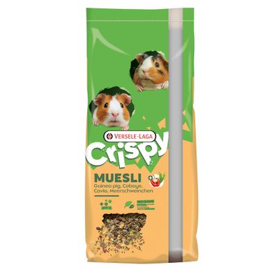 Versele-Laga Crispy Muesli marsuille, näkyvä sekoitus, viittauksia vitamiineihin ja ilman keinotekoisia väriaineita, pakkauksessa kaksi marsukuvaa.
