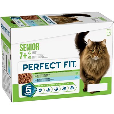 PERFECT FIT Senior 7+ nourriture pour chat, dinde et carottes, poisson de mer et légumes, convient aux chats stérilisés, Total 5 Formula, 12 sachets portion.