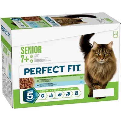 PERFECT FIT Senior 7+ nourriture pour chat, dinde et carottes, poisson de mer et légumes, convient aux chats stérilisés, Total 5 Formula, 12 sachets portion. PERFECT FIT Senior 7+ nourriture pour chat, dinde et carottes, poisson de mer et légumes, convient aux chats stérilisés, Total 5 Formula, 12 sachets portion.