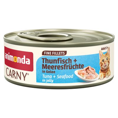 Animonda Carny Fine Fillets Variatie in Gelei: 3x Witte tonijn + Red Snapper, 3x Witte tonijn + zalm, 3x Witte tonijn + garnalen, 3x Tonijn + zeevruchten.