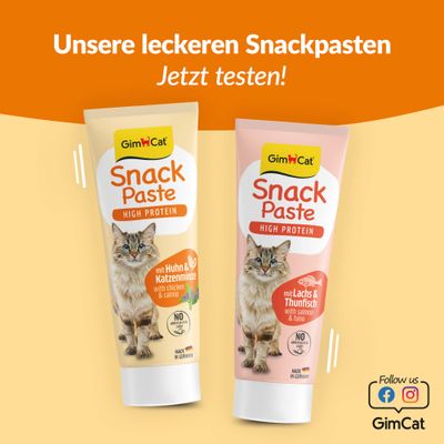 GimCat Snack Paste High Protein, Sorten: mit Huhn & Katzenminze und mit Lachs & Thunfisch. Ohne Zuckerzusatz. Made in Germany. Jetzt testen!