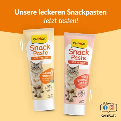 GimCat Snack Paste High Protein, Sorten: mit Huhn & Katzenminze und mit Lachs & Thunfisch. Ohne Zuckerzusatz. Made in Germany. Jetzt testen!