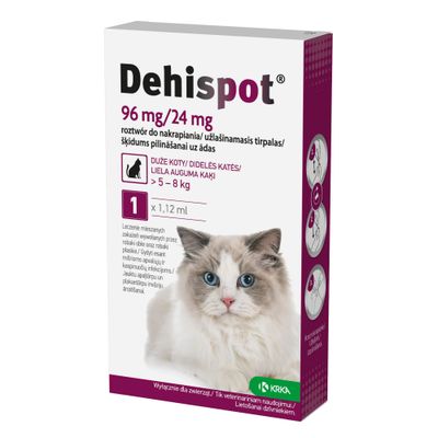 Dehispot 96 mg/24 mg, roztwór do nakrapiania dla dużych kotów powyżej 5–8 kg, 1 x 1,12 ml. Wyłącznie dla zwierząt. Producent: KRKA.
