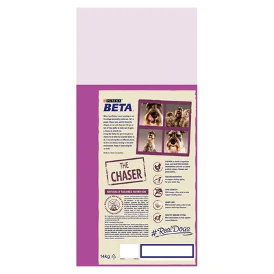 Product packaging showing key features: chicken as main ingredient, tailored nutrition, joint mobility, heart care, healthy immune system. Includes images of a dog and the text 'The Chaser'.