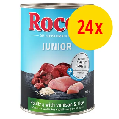 Rocco Junior dåse 400 g, Poultry with venison & rice, supports healthy growth, calcium, 24x. Synligt kød og ris foran på emballagen.