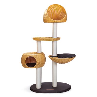 Arbre à chat en osier avec deux niches fermées, un panier rond et une plateforme, poteaux recouverts de sisal, base noire ovale. Aucun animal ni marque visible.