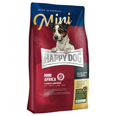 Balení krmiva Happy Dog Mini Africa, Strauss & Kartoffel, pro dospělé psy 1–10 kg. Viditelný text: Made in Germany, MINI AFRICA, STRAUSS & KARTOFFEL, Adult 1–10 kg, doporučeno při potravinové intoleranci.