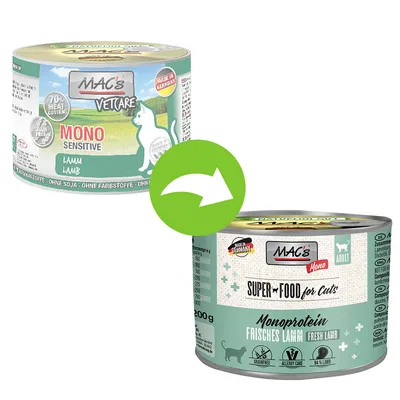 MAC's Superfood for Cats Monoprotein sveža jagnjetina. Izdelano v Nemčiji, brez žit, brez soje, brez barvil, 94 % jagnjetine.