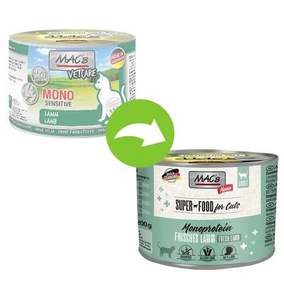 Due confezioni di cibo umido per gatti MAC's: una con etichetta 'Vetcare Mono Sensitive Lamm', l'altra 'Super Food for Cats Monoprotein Frisches Lamm'. Freccia verde indica cambio confezione.
