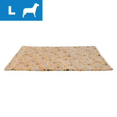Hundetæppe i størrelse L med poteaftryk, rektangulær form, beige farve. Blåt felt øverst til venstre med hvidt L og hundesilhuet.