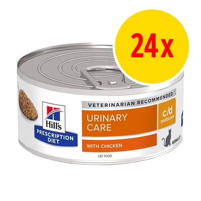 Urinary care cat food with chicken, c/d multicare, veterinarian recommended. Pack contains 24 tins.