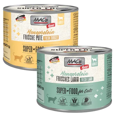 MAC's Cat Mono Sensitive 24 x 200 g Alimento umido per gatti - Mix: 12 x Tacchino + 12 x Agnello