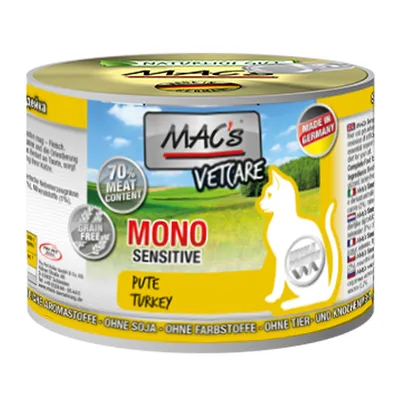 MAC's Vetcare MONO Sensitive Pute Turkey, 70 % meat content, grain free, made in Germany, sans soja, sans colorants, sans arômes, boîte pour chat visible sur l’étiquette.