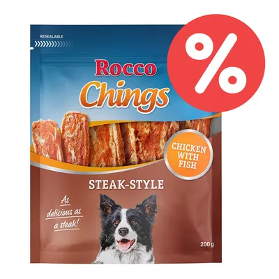 Rocco Chings Steak-Style, Chicken with Fish, 200g. Wieder verschliessbare Verpackung mit Rabatt-Symbol.