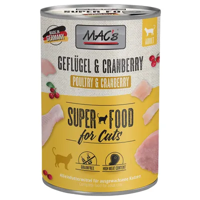 MAC's Super Food for Cats, Geflügel & Cranberry. Poultry & Cranberry. Viljaton, korkea lihapitoisuus. Täysravinto aikuisille kissoille. Made in Germany.