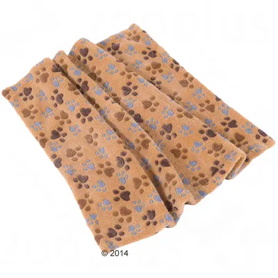 Braune Fleecedecke mit blau-braunem Pfotenmuster, geeignet als Unterlage oder Kuscheldecke.