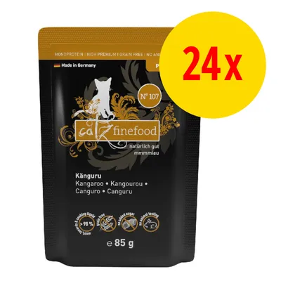 catz finefood N°107 Känguru, 85 g, balení 24×. Text: Made in Germany, monoprotein, high premium, grain free, no animal testing, bez přidaného cukru, 98 % živočišných složek. catz finefood N°107 Känguru, 85 g, balení 24×. Text: Made in Germany, monoprotein, high premium, grain free, no animal testing, bez přidaného cukru, 98 % živočišných složek.
