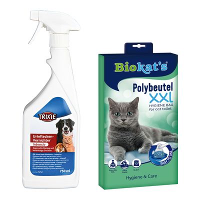 Komplet: Trixie Urinflecken-Vernichter Intensiv 750 ml in Biokat's Polybeutel XXL Hygiene Bag for cat toilet. Rdeč simbol za popust (%). Besedilo na embalaži v nemščini/angleščini.