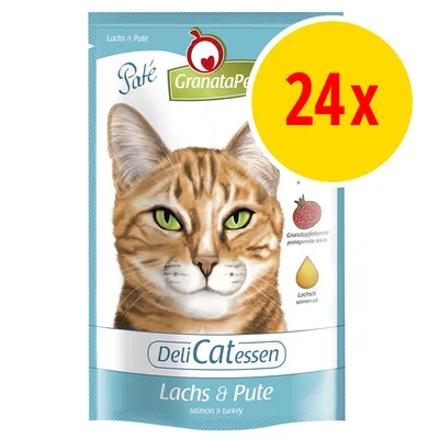 GranataPet DeliCatessen Paté Lachs & Pute, 24x. Text: granatäpplekärnor, laxolja. Bild på katt och förpackningens framsida. GranataPet DeliCatessen Paté Lachs & Pute, 24x. Text: granatäpplekärnor, laxolja. Bild på katt och förpackningens framsida.
