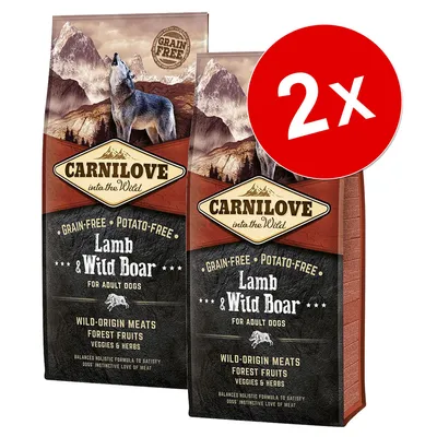 Lot de 2 sacs Carnilove into the Wild Lamb & Wild Boar pour chiens adultes, sans céréales ni pommes de terre. Texte visible : Grain-Free, Potato-Free, Wild-Origin Meats, Forest Fruits, Veggies & Herbs.