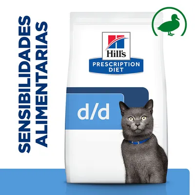Hill's Prescription Diet d/d para gatos. Texto visible: SENSIBILIDADES ALIMENTARIAS. Imagen de un gato y símbolo de pato en la esquina superior derecha.