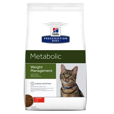 Hill's Prescription Diet Metabolic Weight Management суха храна за котки, изображение на котка и гранули, с пиле. Видим текст: Clinical Nutrition. Hill's Prescription Diet Metabolic Weight Management суха храна за котки, изображение на котка и гранули, с пиле. Видим текст: Clinical Nutrition.