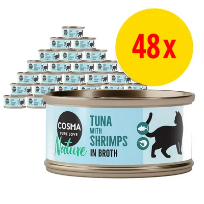Cosma Pure Love Nature Tuna with Shrimps in Broth, 48 burkar kattmat synliga med blå etikett och svart kattillustration. Stor gul cirkel med röd text: 48x. Cosma Pure Love Nature Tuna with Shrimps in Broth, 48 burkar kattmat synliga med blå etikett och svart kattillustration. Stor gul cirkel med röd text: 48x.