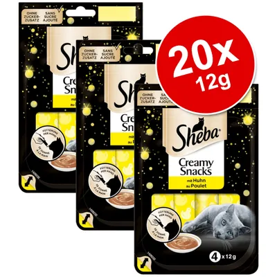 Sheba Creamy Snacks mit Huhn au Poulet, 20 x 12g, ohne Zuckerzusatz, three packs with cat image and feeding by hand symbol visible Sheba Creamy Snacks mit Huhn au Poulet, 20 x 12g, ohne Zuckerzusatz, three packs with cat image and feeding by hand symbol visible