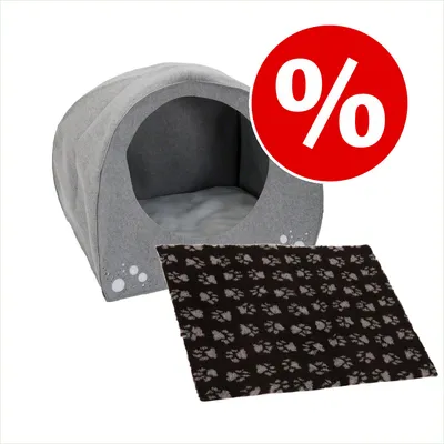Set till sparpris: Hund-igloo + Vetbed® Isobed SL Paw hundfilt - Säng B 71 x D 54 x H 57 cm + filt L 75 x B 50 cm