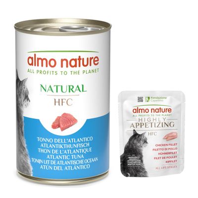 Almo Nature Natural HFC Atlantikthunfisch. Dose mit Thunfischabbildung und Text: 'All profits to the planet'.