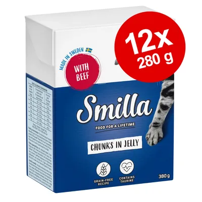 Smilla Chunks in Jelly, with beef, 12×280 g. Text: Made in Sweden, grain-free recipe, contains taurine. Förpackning med kattass och vikt 380 g synlig.