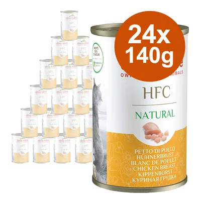 Lot de 24 boîtes Almo Nature HFC Natural blanc de poulet, 140 g chacune. Texte visible : 'HFC Natural', 'Blanc de poulet', plusieurs langues. Illustration d’un chat sur l’emballage.